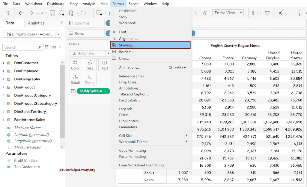 Choose the Shading Option from Format Menu