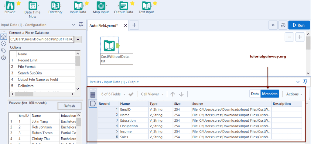 View Text File Metadata to check the data types