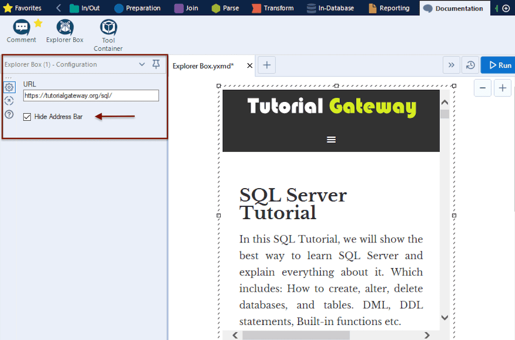 Alteryx Explorer Box with Checkmark to Show and Hide Address Bar