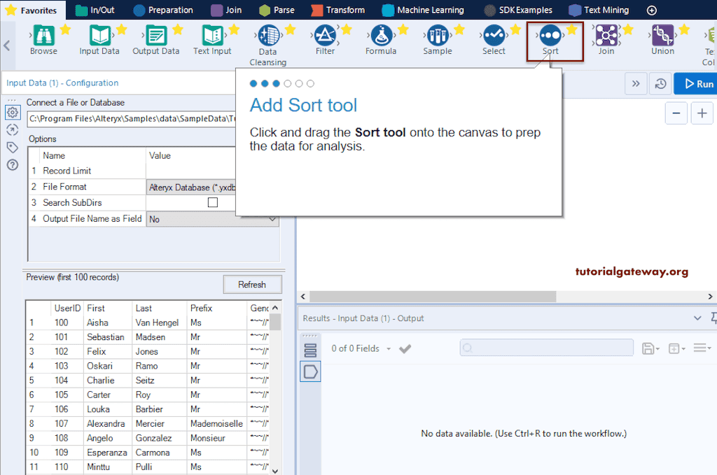 Add Sort Tool to created First Workflow