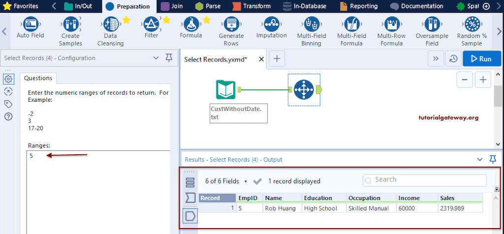 Select Records Tool to print single row