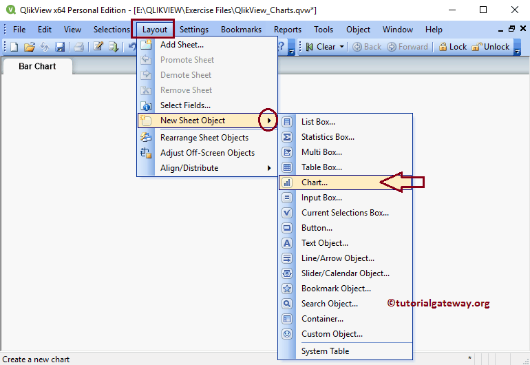 Goto Layout Menu and Choose New Sheet Object and Chart submenu 3