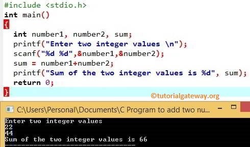 Simple Program to add Two numbers Output