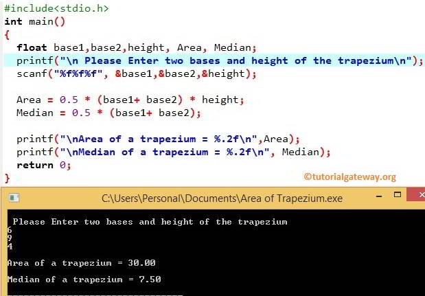 C Program to find Area of a Trapezoid