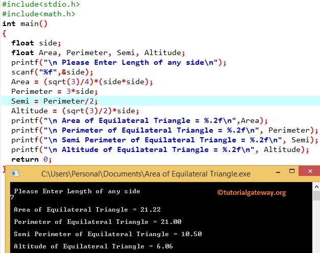 C Program to find Area of an Equilateral Triangle