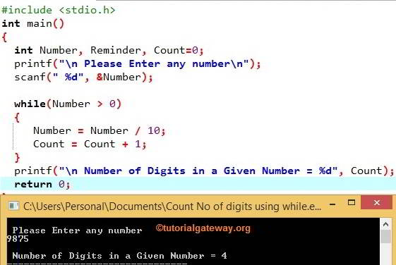 C Program to Count the Number of Digits using While loop