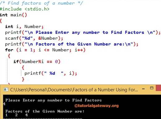 C program to Find factors of a number using for loop