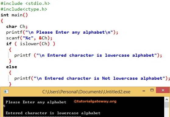 Program to Check Whether Character is Lowercase or Not Using islower function