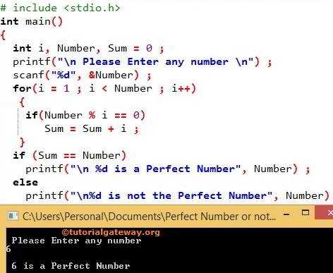 C Program to find Perfect Number using For Loop