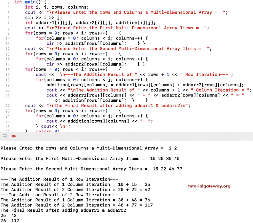 Program to Add Two Matrixes using for loop