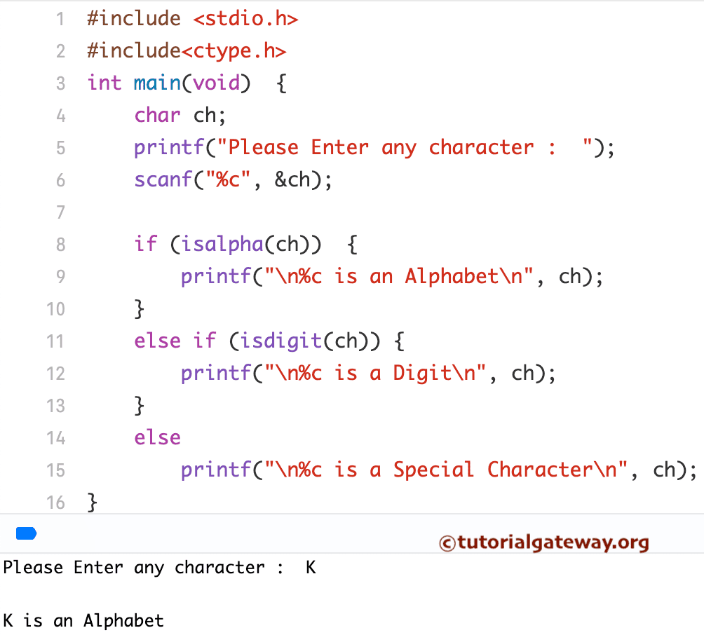 C Program to Check Character is Alphabet Digit or Special Character using isalpha, isdigit