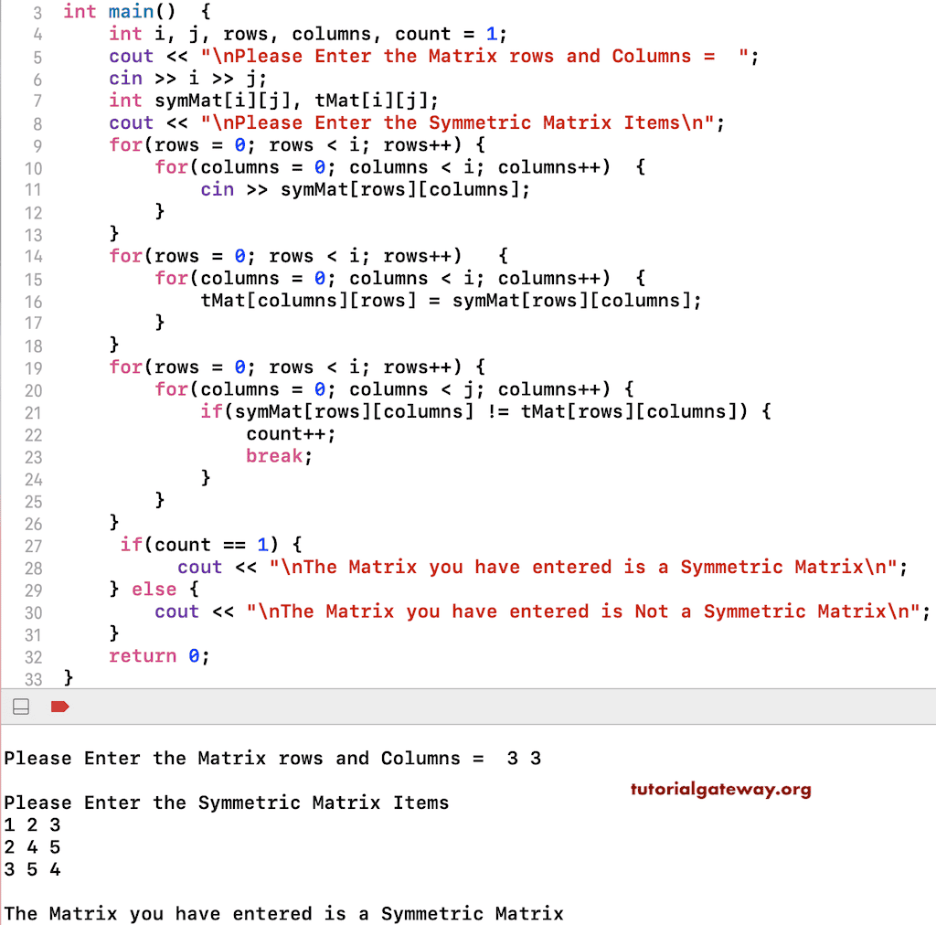 C++ Program to Check Matrix is a Symmetric Matrix