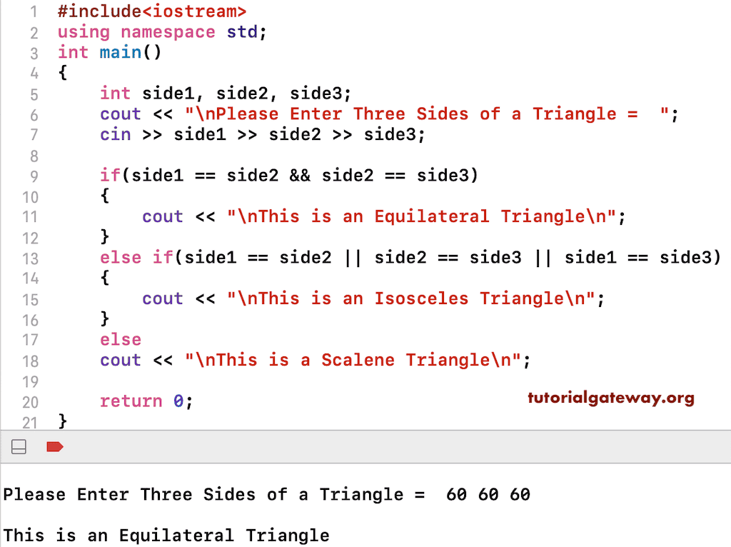 C++ Program to Check Triangle is Equilateral Isosceles or Scalene