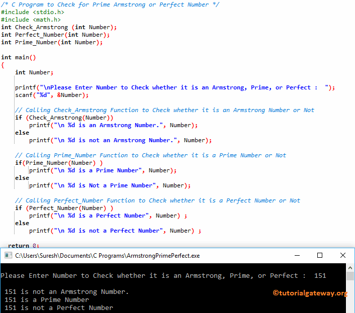 C Program to Check for Prime Armstrong or Perfect Number 1