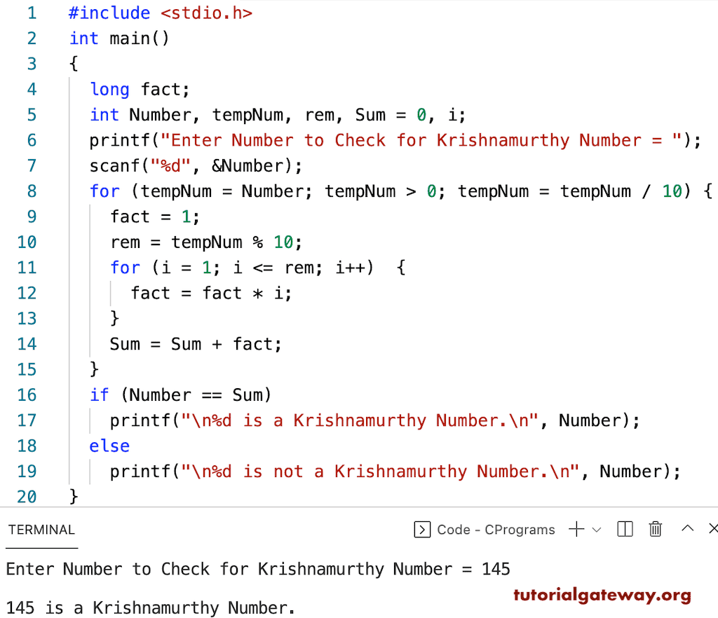 C program to Check the Number is a Krishnamurthy Number
