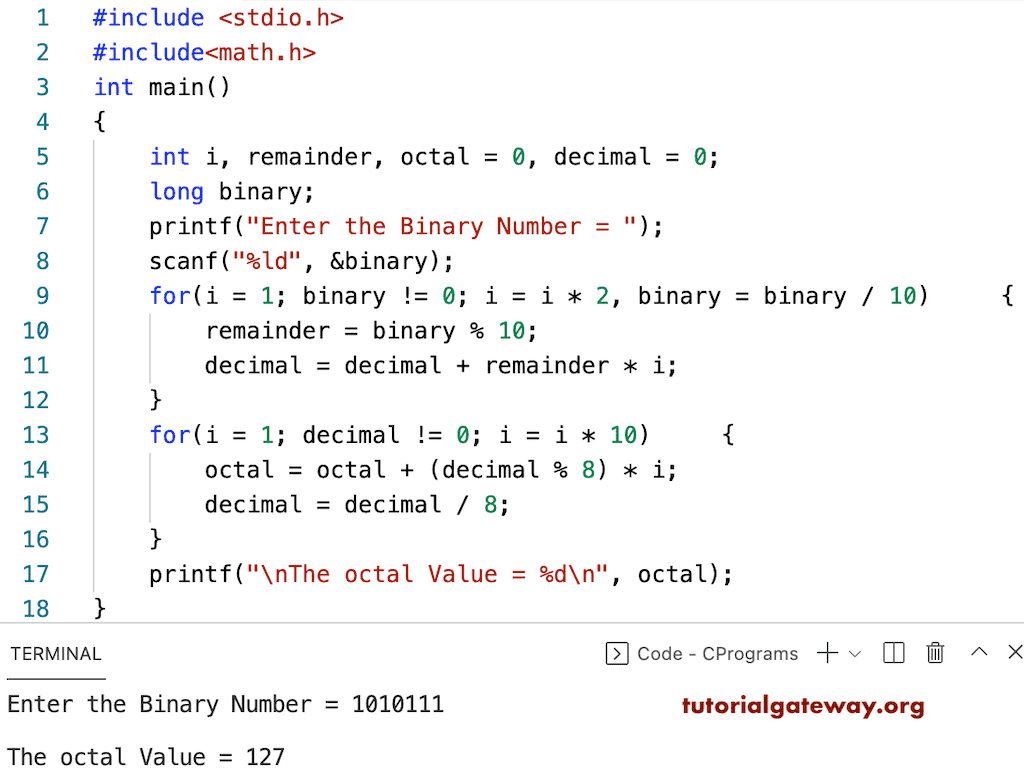 Program to Convert Binary to Octal Example