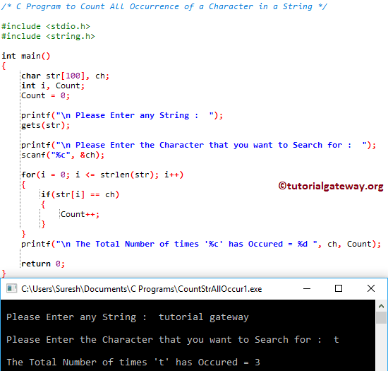 C Program to Count All Occurrence of a Character in a String 1