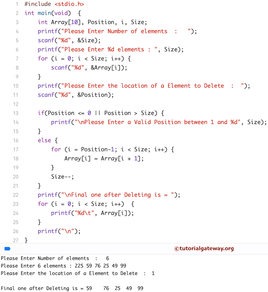 Delete an Element in an Array using for loop