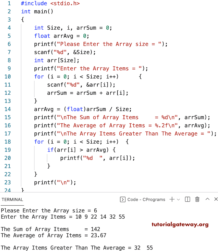 C Program to Find Array Elements Greater than Average