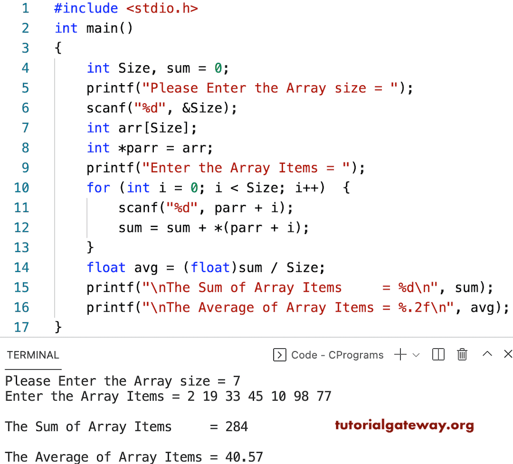 C Program to Find Sum and Average of Array Elements using a Pointer