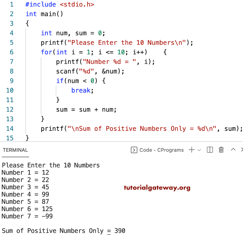 C Program to Find Sum of 10 Numbers until user enters positive number