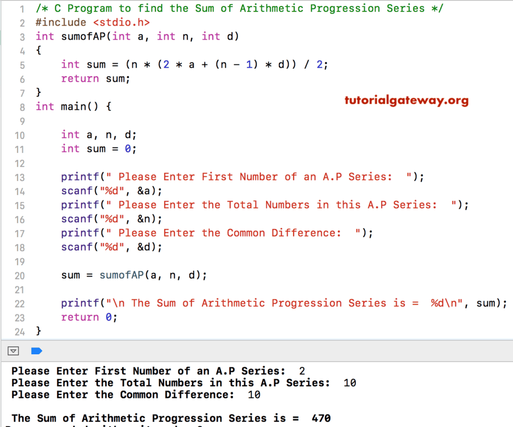 C Program to find Sum of Arithmetic Progression Series