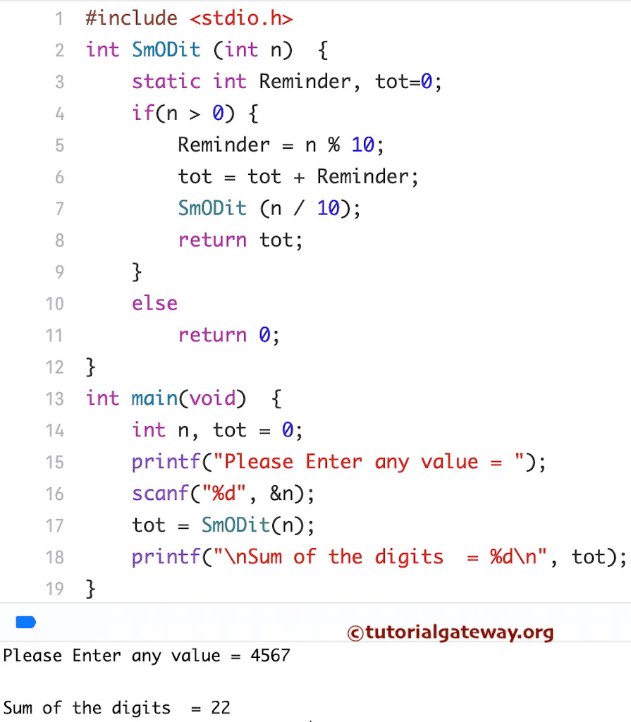 Calculate Sum of Digits of a Number using Recursion