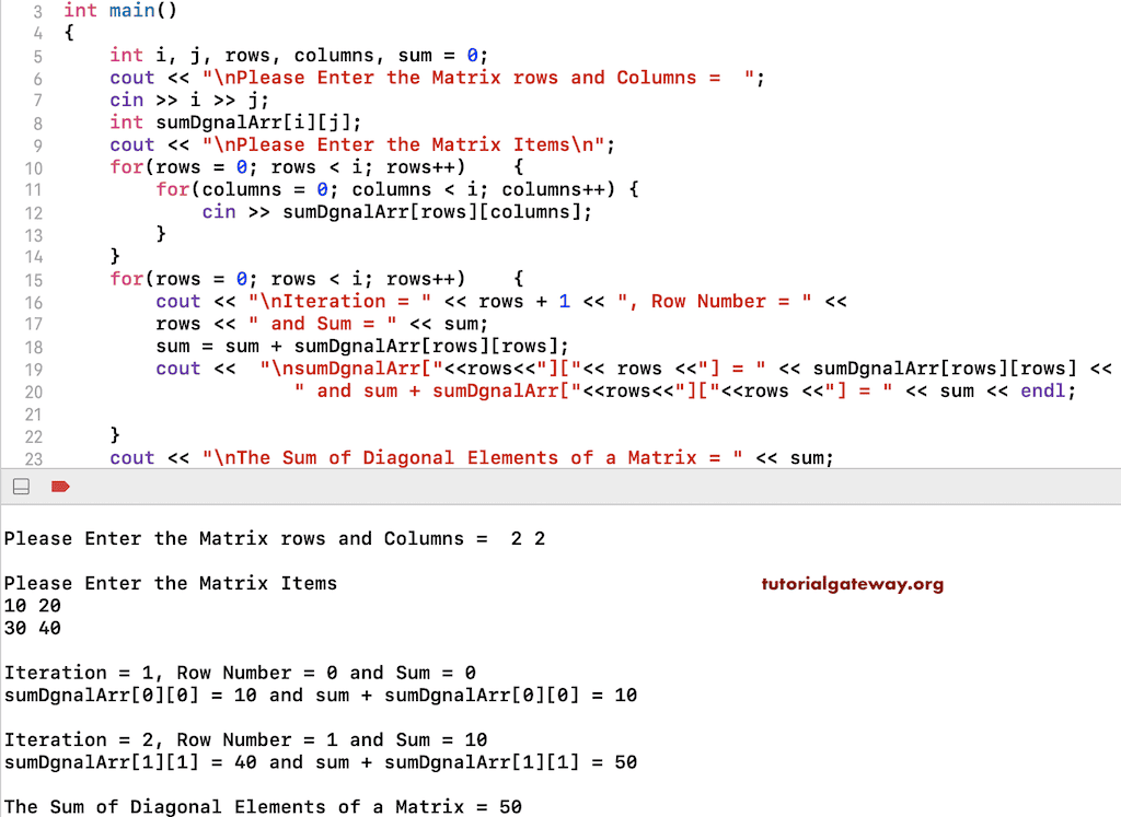 C++ Program to Find Sum of Matrix Diagonal