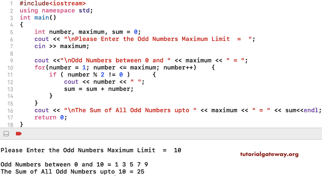 C++ Program to find Sum of Odd Numbers