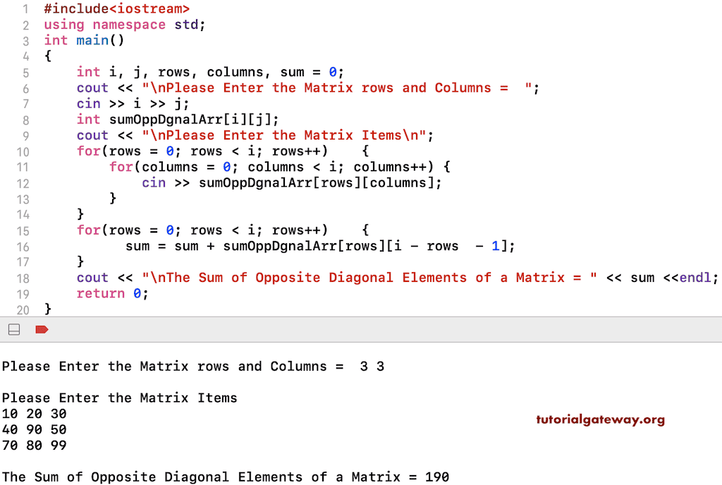 C++ Program to Find Sum of Opposite Diagonal of a Matrix