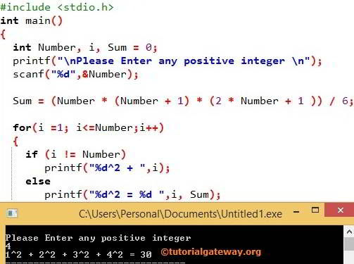 C Program to Find Sum of series 1²+2²+3²+....+n² 2