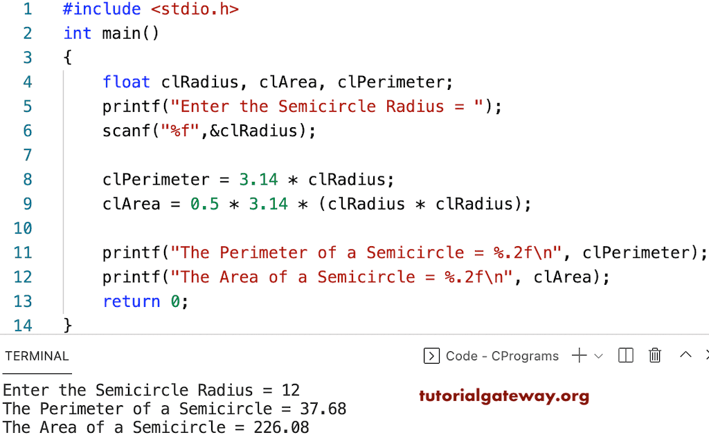 C Program to Find the Area of a Semicircle