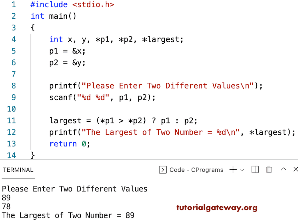 C Program to Find the Largest of Two Numbers using a Pointer