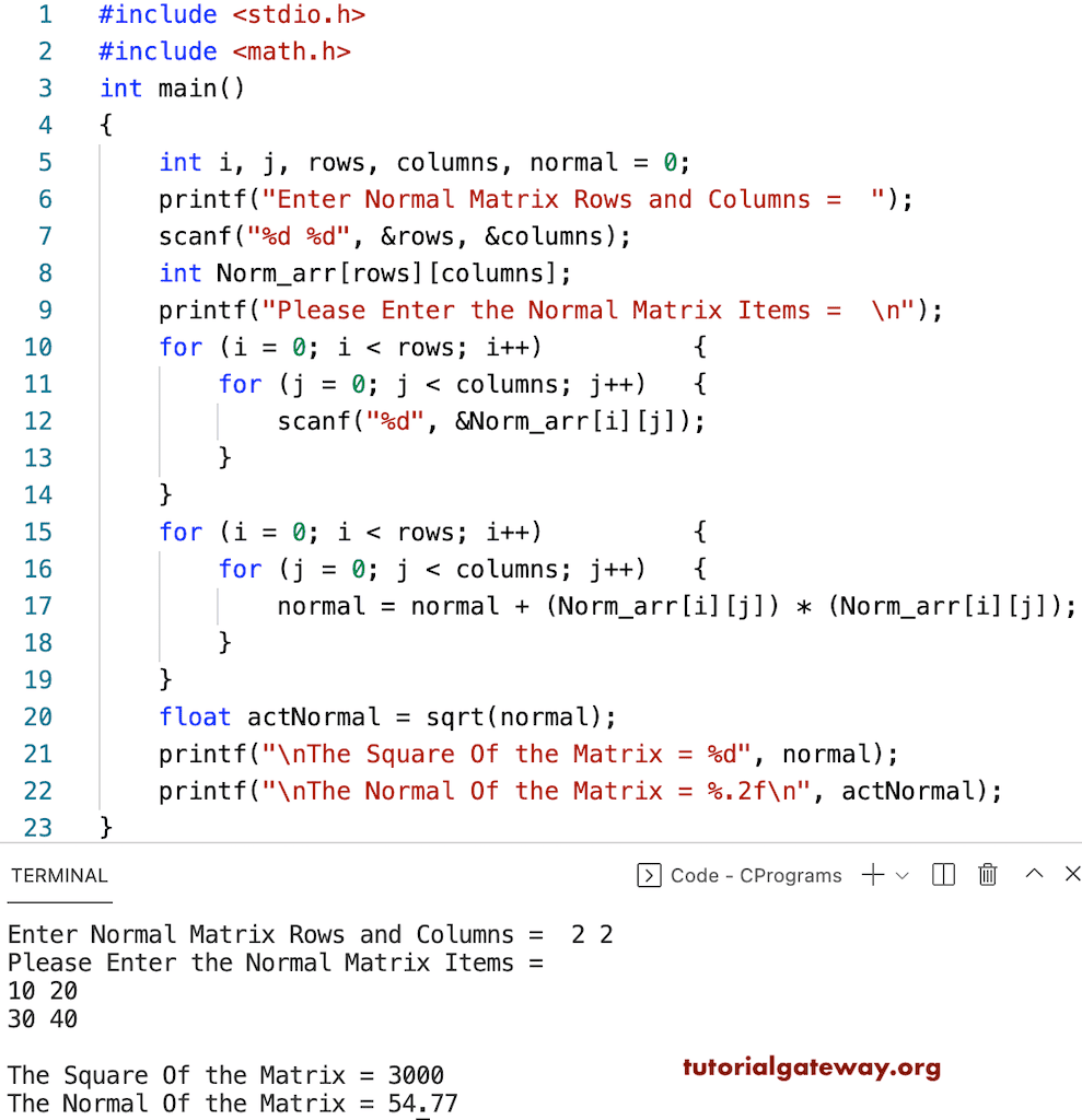 C Program to Find the Normal of a Matrix