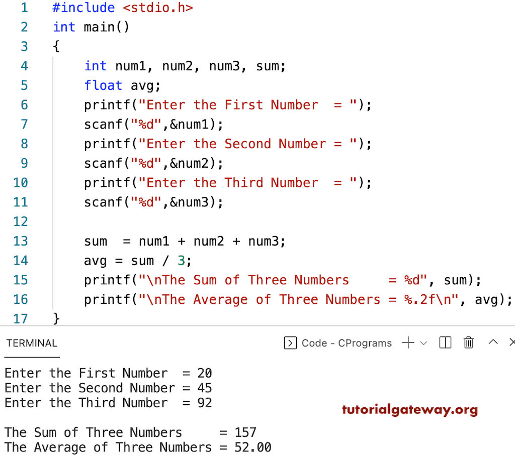 C program to Find the Sum and Average of Three Numbers