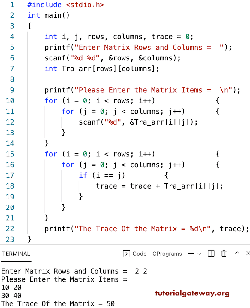 C Program to Find the Trace of a Matrix