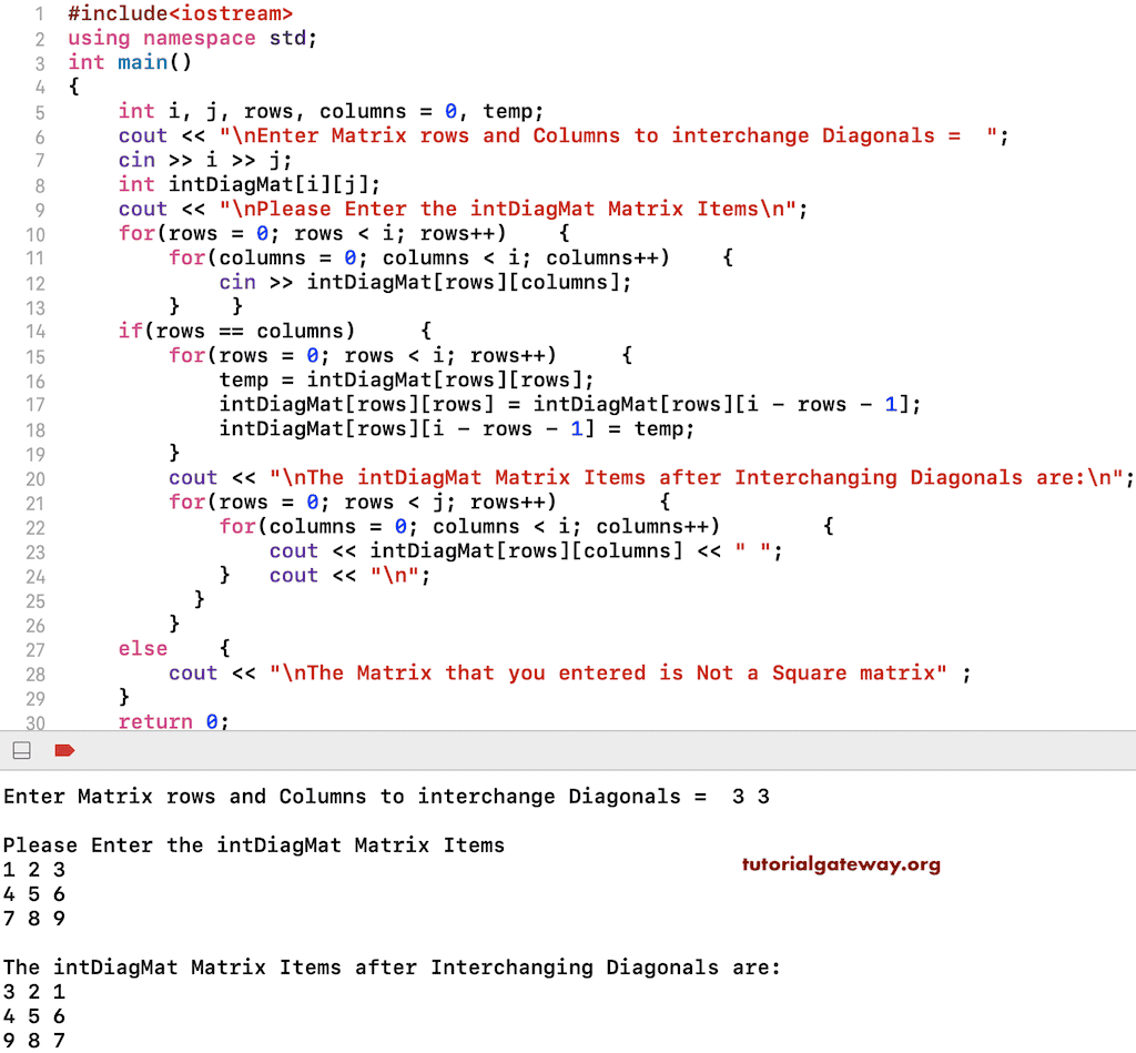 C++ Program to Interchange Matrix Diagonals