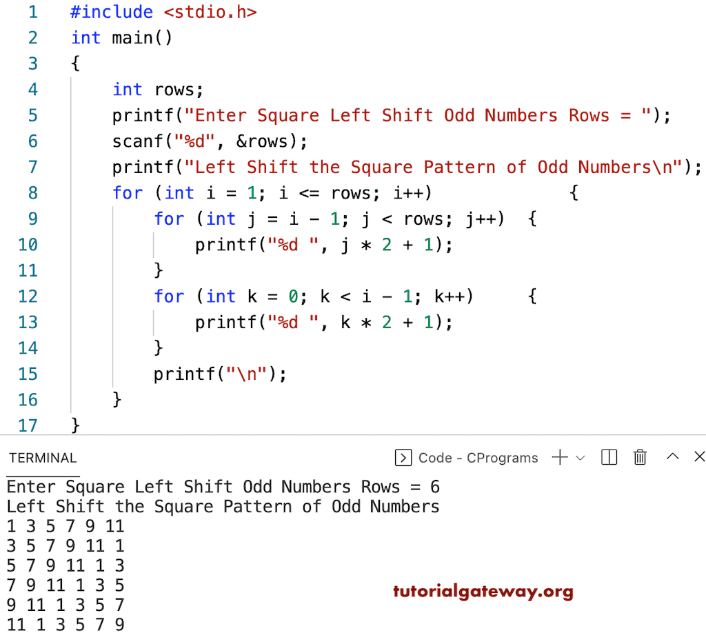C Program to Left Shift the Square Pattern of Odd Numbers