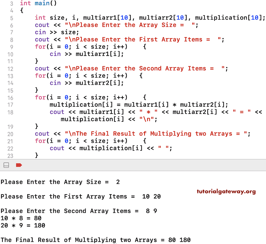 C++ Program to Multiply Two Arrays