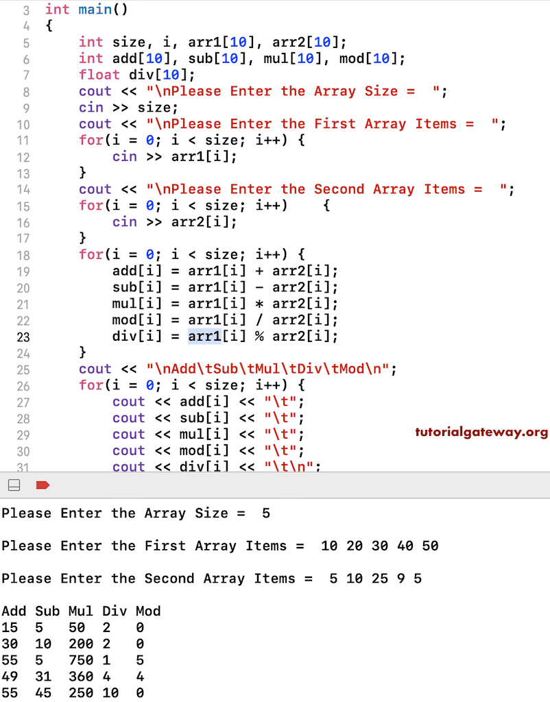 C++ Program to Perform Arithmetic Operations on Array