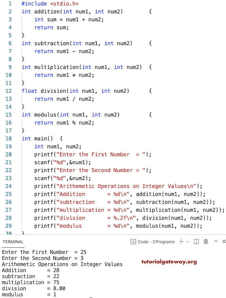 C Program To Perform Arithmetic Operations using Functions