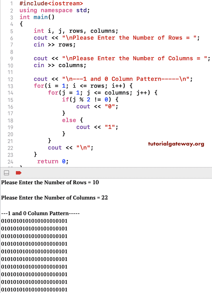 C++ Program to Print 1 and 0 Column Pattern