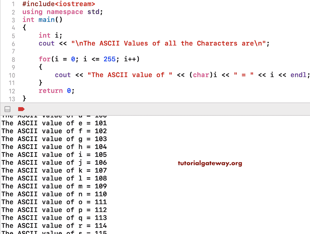 C++ Program to Print ASCII Values of all Characters