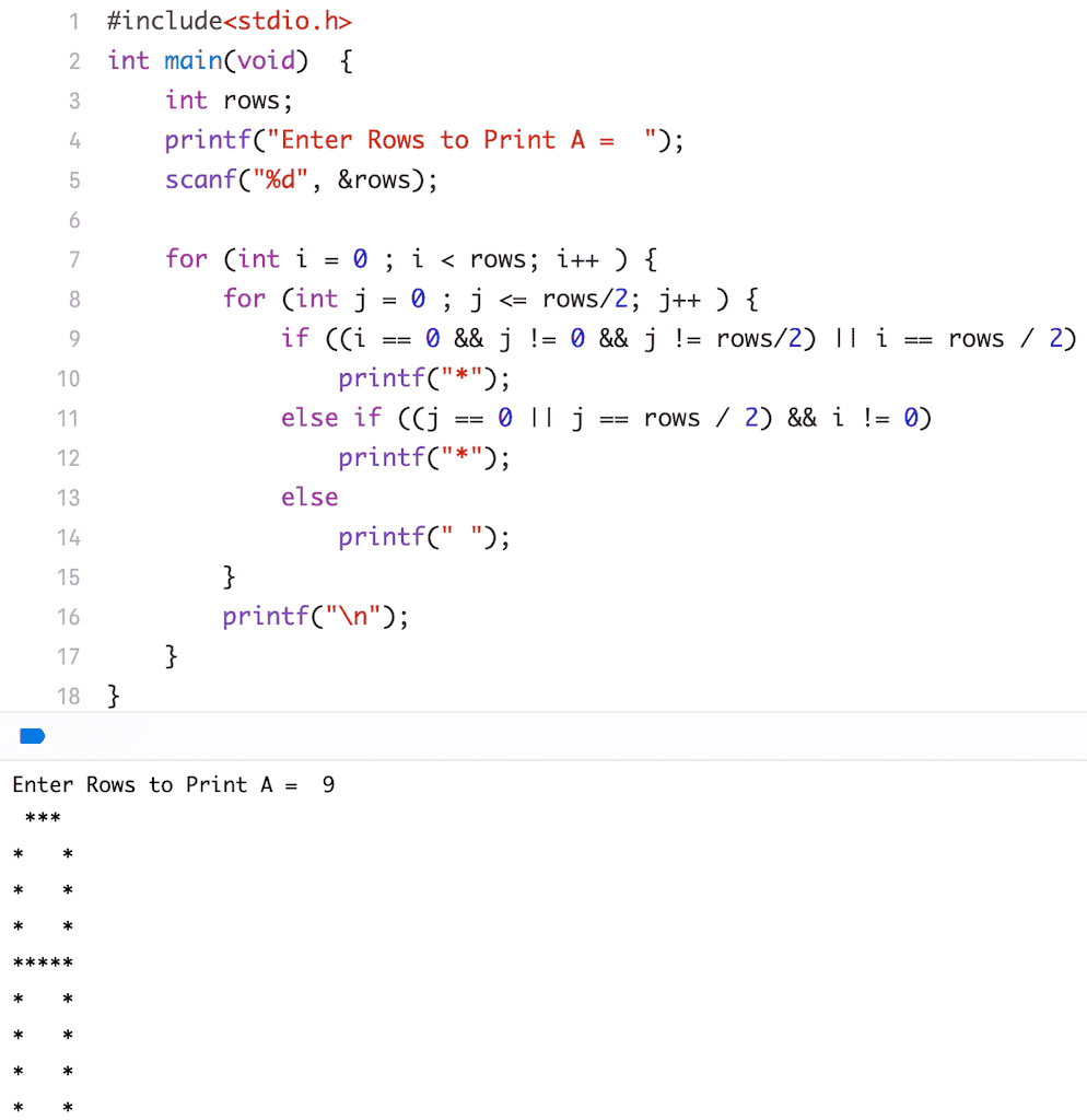 C Program to Print Alphabet A Star Pattern