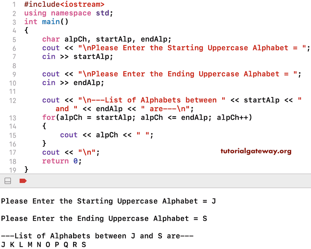 CPP Program to Print Alphabets between A and Z