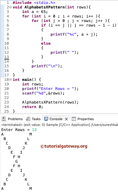 C Program to Print Alphabets in X Pattern