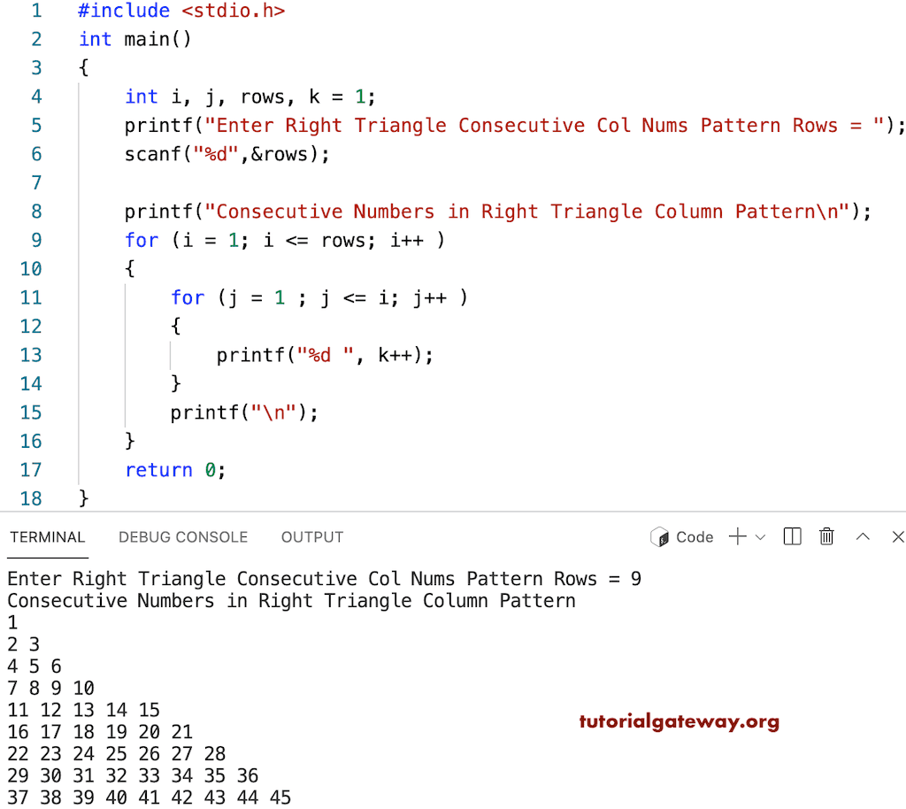 C Program to Print Consecutive Column Numbers in Right Triangle