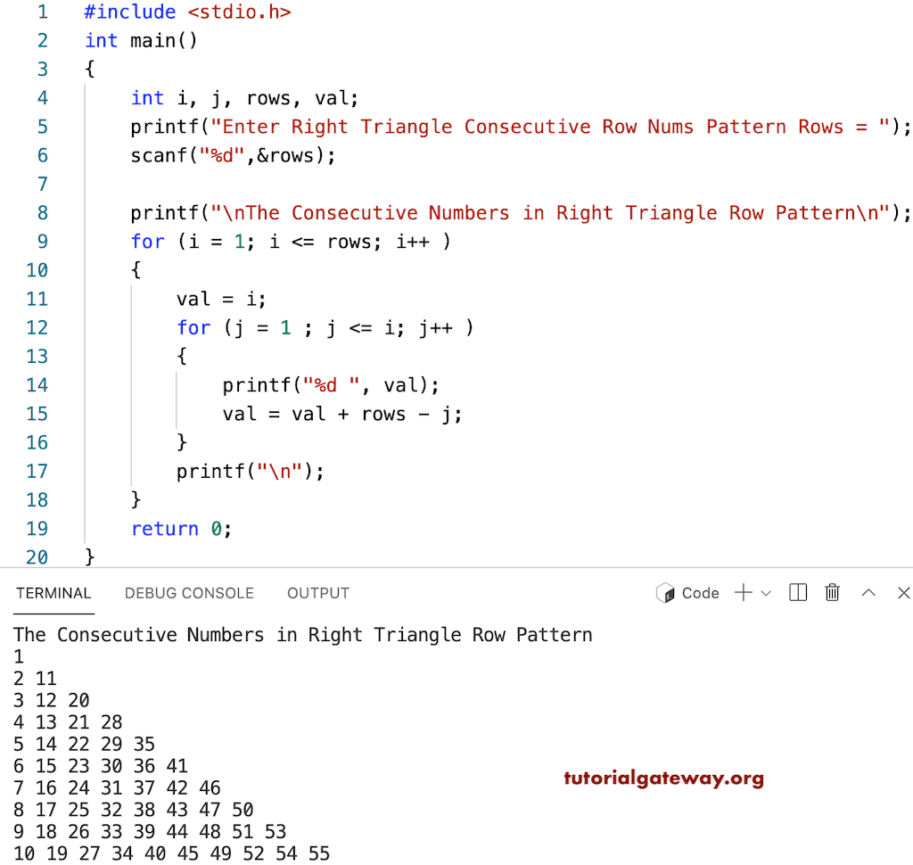 C Program to Print Consecutive Row Numbers in Right Triangle