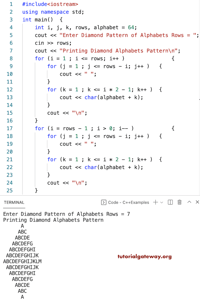 C++ Program to Print Diamond Alphabets Pattern