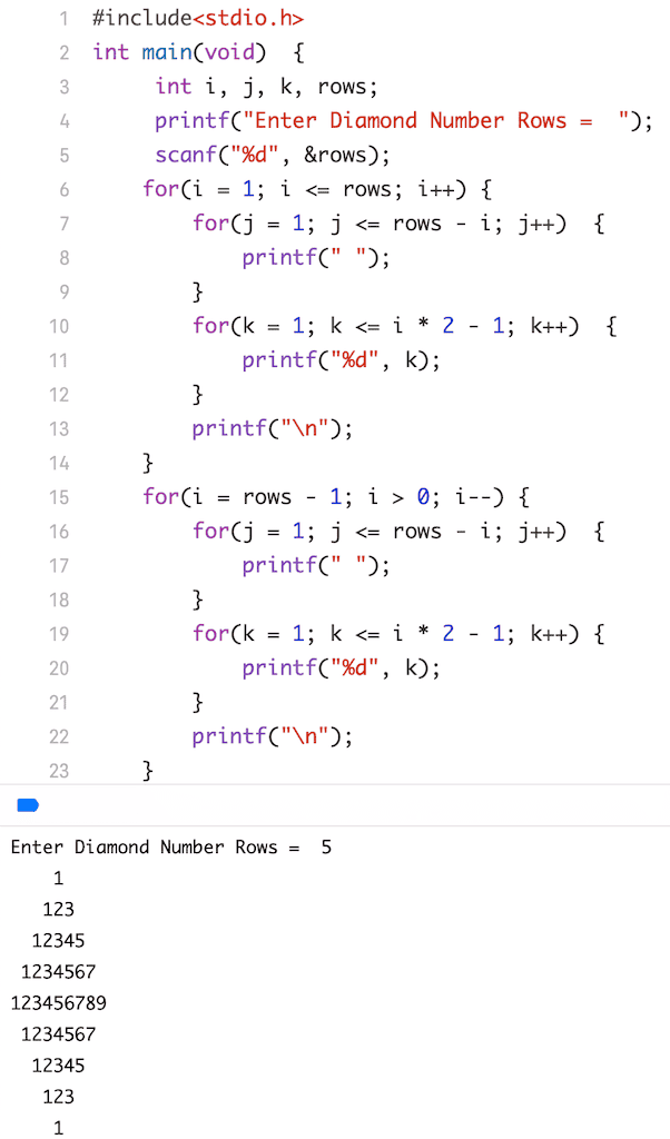 C Program to Print Diamond Number Pattern
